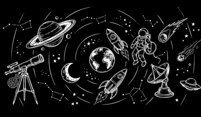 Vintage Astronomy Space Objects White Chalk Sketch on Blackboard Vector Set © MDNOYON