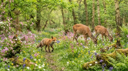 Fototapeta premium Woodland Harmony: A vibrant forest floor teeming with life, featuring a curious fox on a path, two deer grazing amidst a carpet of wildflowers, and a small bird perched nearby.