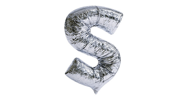 Isolated glossy metallic silver foil balloon in the shape of letter S for events and parties.