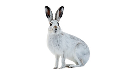 White mountain hare rabbit sitting isolated on dark background © Evie