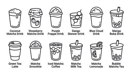 Obraz premium Collection of twelve diverse matcha drink icons in a clean, minimalist black outline style on a pure white background