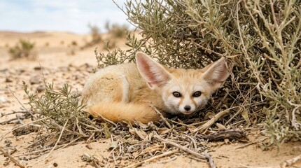 Fototapeta premium Fennec Fox in Desert Sands: A small fennec fox with large ears and sandy fur is nestled amongst desert shrubbery, its gaze alert and curious in the arid landscape.