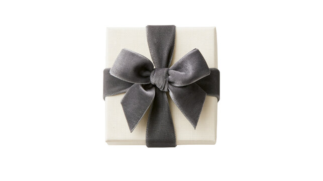 Isolated festive small elegant gift box wrapped with a luxurious grey velvet ribbon and bow design.