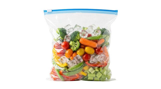 Clear plastic zipper bag filled with frozen vegetables and ice isolated on transparent background