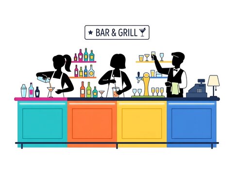 Bar counter with bartender serving drinks and customers interacting at night