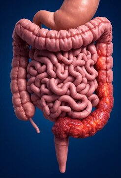3D medical illustration of a human large intestine showing severe inflammation, ulcerative colitis or inflammatory bowel disease condition