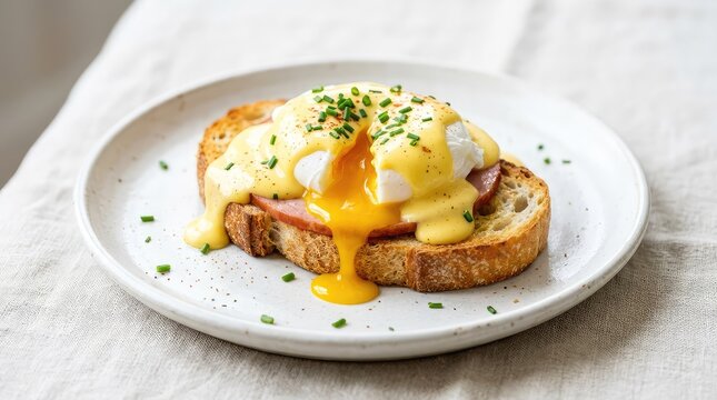 A close-up photograph capturing a plated breakfast of eggs benedict with hollandaise sauce on toasted bread, a perfectly runny yolk broken open, mealtime, poached egg, plated