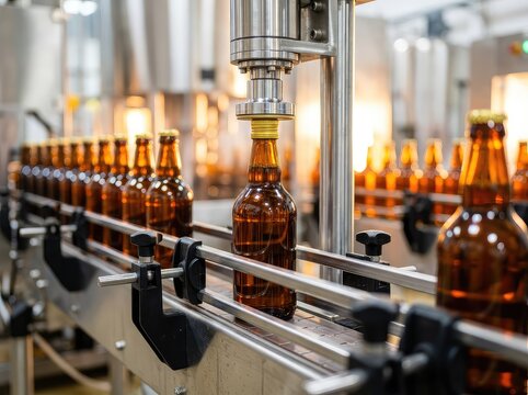 A close-up view of the conveyor line in a glass factory shows brown bottles being filled and sealed with caps, surrounded by glowing light, fill, line, amber