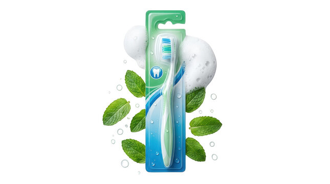 Toothbrush in packaging with mint and foam isolated on transparent background