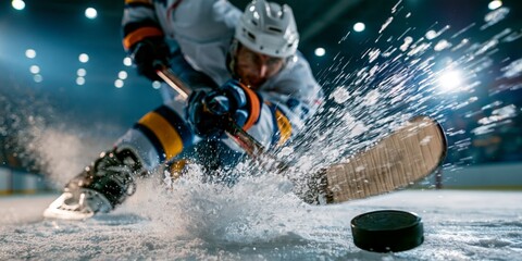 Fototapeta premium Dynamic ice hockey player in action, skating aggressively with stick and puck, spraying ice shards under bright arena lights, intense sports moment.