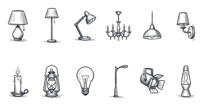 Various hand-drawn light sources including lamps, a chandelier, a candle, and a lightbulb, presented as a collection of isolated illustrations on a clean white background