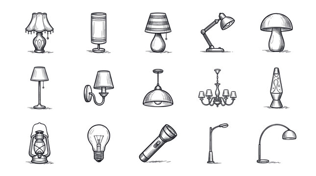 Various hand-drawn lighting fixtures, including table lamps, floor lamps, chandeliers, and a flashlight, are neatly arranged on a clean white background