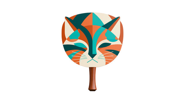 Isolated decorative modern abstract cat head hand fan artwork in vibrant orange and teal colors