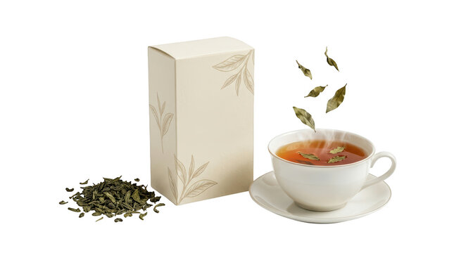 A box of green tea with a cup of tea isolated on transparent background
