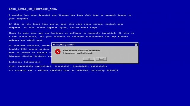 Computer system error blue screen with memory management failure. 4K Video
