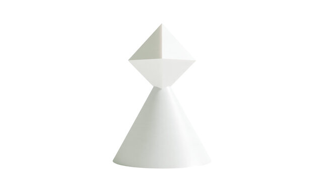 Isolated sleek futuristic white geometric sculpture combining pyramid and cone forms