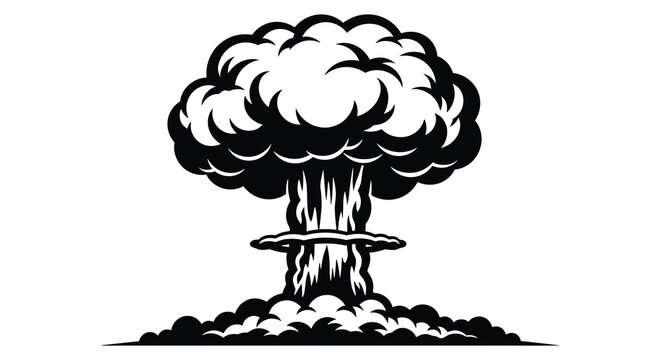 Nuclear explosion with mushroom cloud depicted as a stark black silhouette atomic
