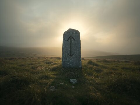 Generative AI depicts a solitary standing stone on a misty landscape