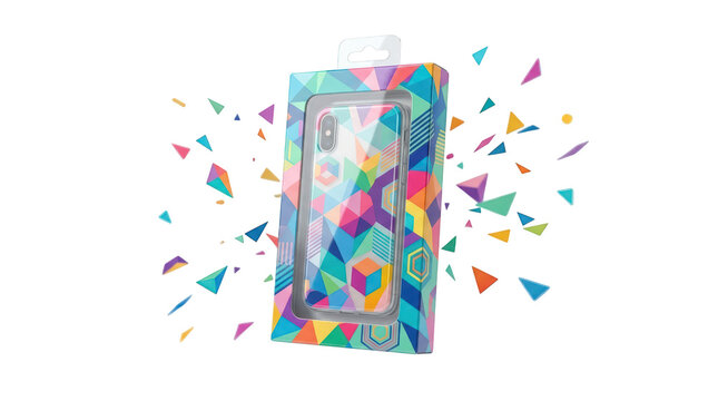 Colorful geometric phone case packaging mockup isolated on white isolated on transparent background