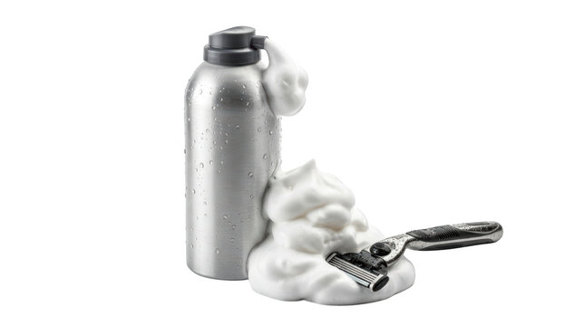 Shaving foam can and razor isolated on transparent background
