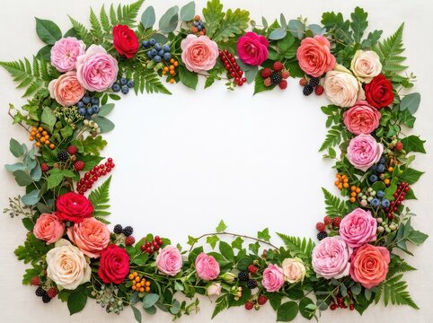 An exquisite frame made of blooming roses, greenery, and wild berries creates a beautiful border around a blank white copy space center, green leaves, invitations, vibrant colors