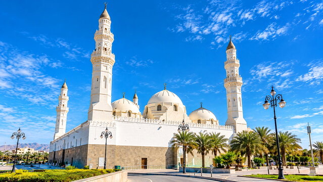 Quba mosque in medina with white domes and minarets saudi arabia islamic archi