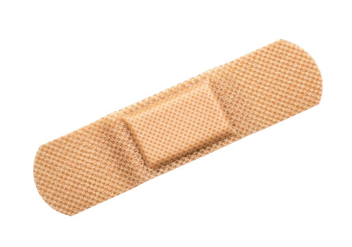 A single beige adhesive bandage strip for first aid wound care isolated on white background