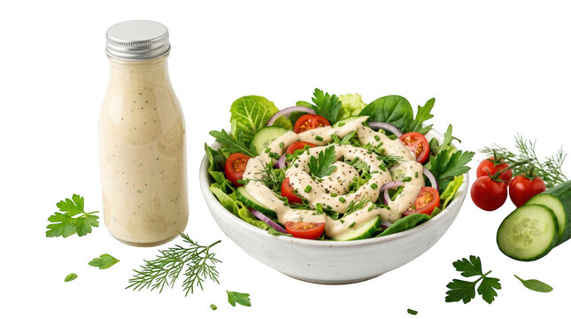 Salad dressing bottle and fresh vegetable salad isolated on white isolated on transparent background