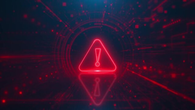 Red warning triangle exclamation mark glow digital tunnel filled squares, lines, particles. cyber security alerts, system failures danger messages, emergency broadcasts, software error 19 risk