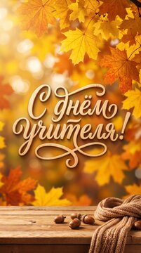 Teacher's Day greeting card in Russian language on a vertical autumn background. Volume wooden lettering "С Днем учителя" with golden maple leaves, acorns and cozy knit scarf on a rustic table. 3D ren