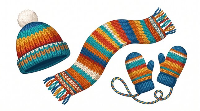Colorful Vector Winter Clothing Accessories Set with Knitted Hats, Scarves and Mittens Isolated on White Background