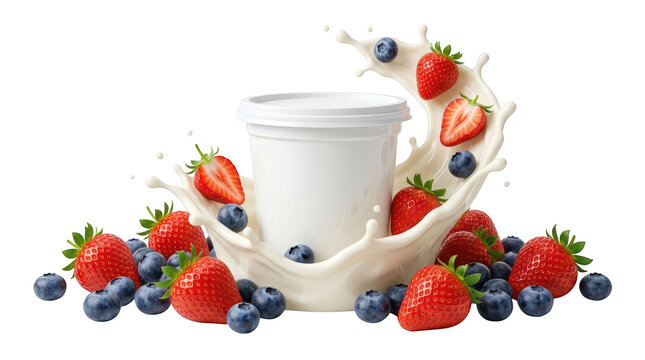 Yogurt tub mockup with milk splash and berries isolated on white isolated on transparent background