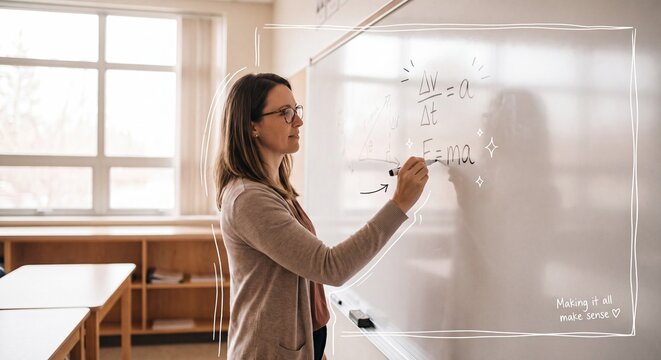 Female Math Teacher Writing Physics Equations on Whiteboard in Bright Modern Classroom; Professional Educator Explaining Scientific Formulas and Theory for High School or University Students