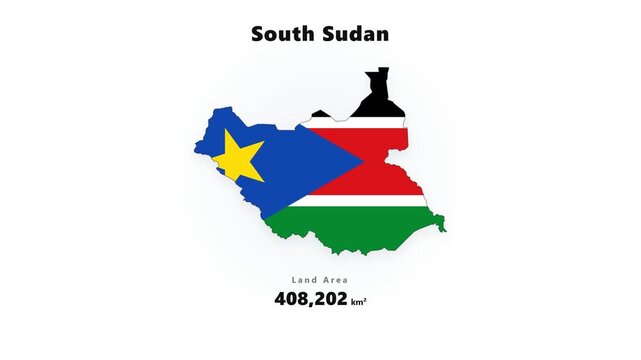 South Sudan map silhouette filled with national flag colors showing blue triangle and yellow star with black red and green stripes on white background