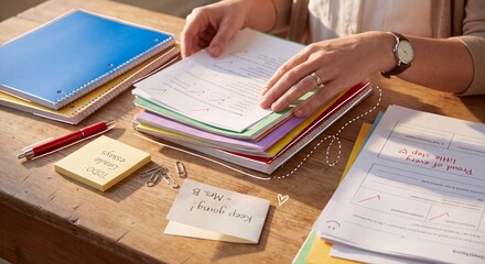 Obraz premium Teacher grading papers at wooden desk. Female hands organizing student worksheets, colorful notebooks, sticky notes, and paperclips. Educational assessment and school administration concept.