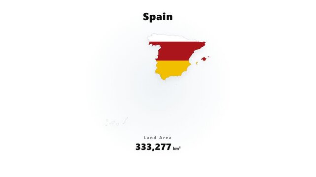 Minimal flat infographic of red and yellow Spain map badge with blue halo, with changing numeric statistics and clean spacing on white background with centered layout