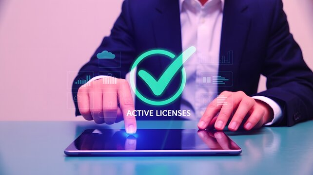 Professional business person checking valid active licenses on a digital tablet screen with a glowing green checkmark hologram icon