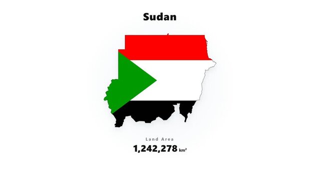 Animated centered Sudan map silhouette in flag colors with unfolding numeric data counter, green triangle detail, and subtle shadow on clean white background graphic