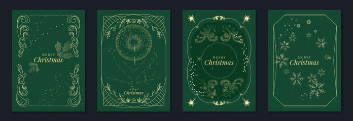 Obraz premium Merry Christmas and Happy New Year luxury vector card set with elegant gold line art, Christmas trees, gifts, ornaments and festive frames on dark green background.