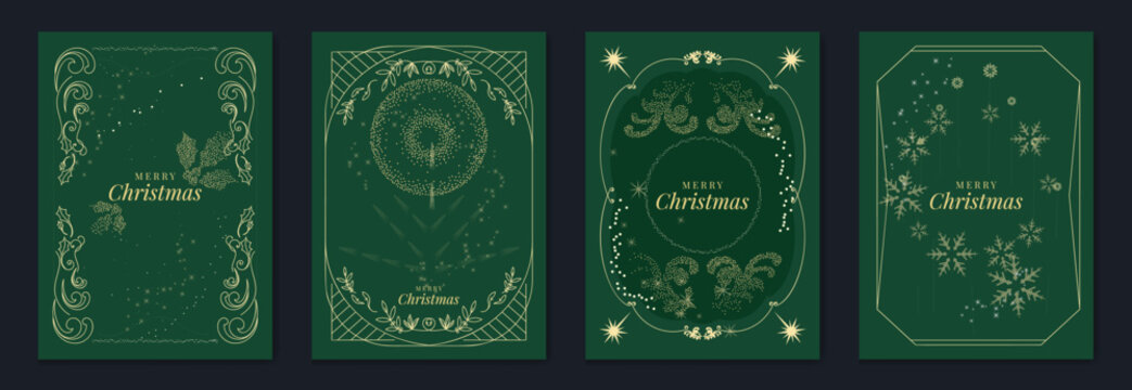 Merry Christmas and Happy New Year luxury vector card set with elegant gold line art, Christmas trees, gifts, ornaments and festive frames on dark green background.
