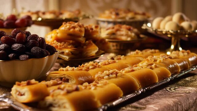 Close-up of traditional Middle Eastern sweet pastries on a banquet table. Tray of rolled baklava with nuts and a bowl of dates. Festive holiday dessert spread