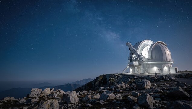 A large telescope dome sits on a rocky mountain ridge under a night sky with stars for scientific or space exploration themes.