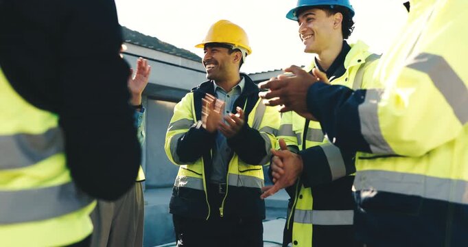 Pile, success and construction team with hands together for progress, building development and win. Clap, men and woman as engineer, electrician and supervisor celebrate completion or finish project