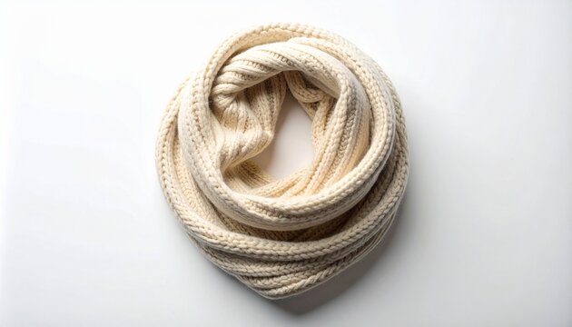 Thick cream infinity scarf or knitted cowl arranged in a round coil on white background, cozy neutral winter accessory flat lay