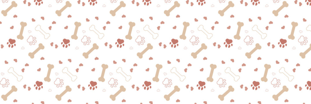 Brown Dog bone and paw print seamless pattern in clean vector style, isolated on a white background. Cute animal and pet-themed repeating design featuring dog and cat paws with bone motifs