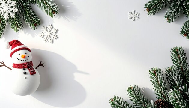 Christmas winter background with cute snowman in red hat and scarf, frosted evergreen branches and scattered snowflakes on bright white surface with open copy space for holiday design template