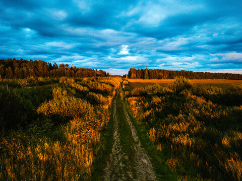 Aerial view of a dirt path winding through rural fields at sunset with golden light on the landscape and forest line under a dramatic blue sky in Targale, Ventspils Municipality, Latvia.