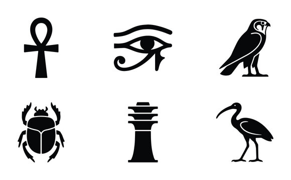 Ancient Egyptian Hieroglyphs and Symbols Vector Icons: Ankh, Eye of Horus, Scarab, Falcon, Ibis, Obelisk