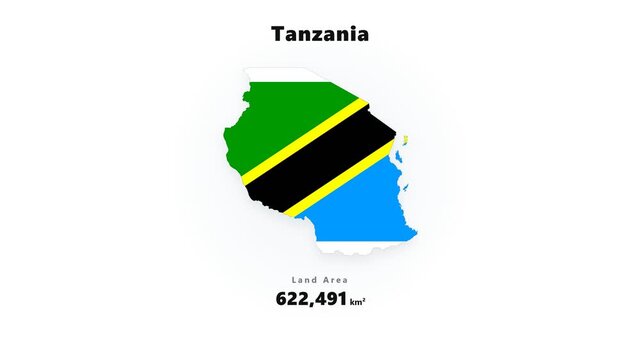 Tanzania map silhouette in national flag colors green black yellow and blue, centered on white background with soft drop shadow cutout look