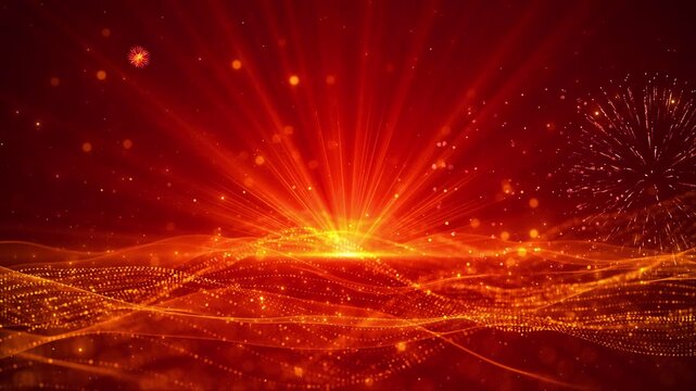 Golden fireworks explode particle waves ruby celebration background. New Year wishes, festivals, award ceremonies, holiday events, grand openings, victory moments, party intro, vibrant presentations.